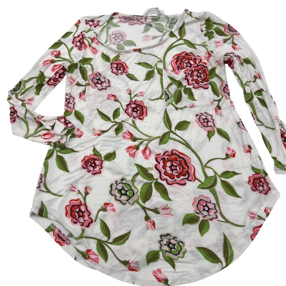 Workshop Womens Floral Print Long Sleeve Top XS Rayon/Spandex White‎ Green Pink